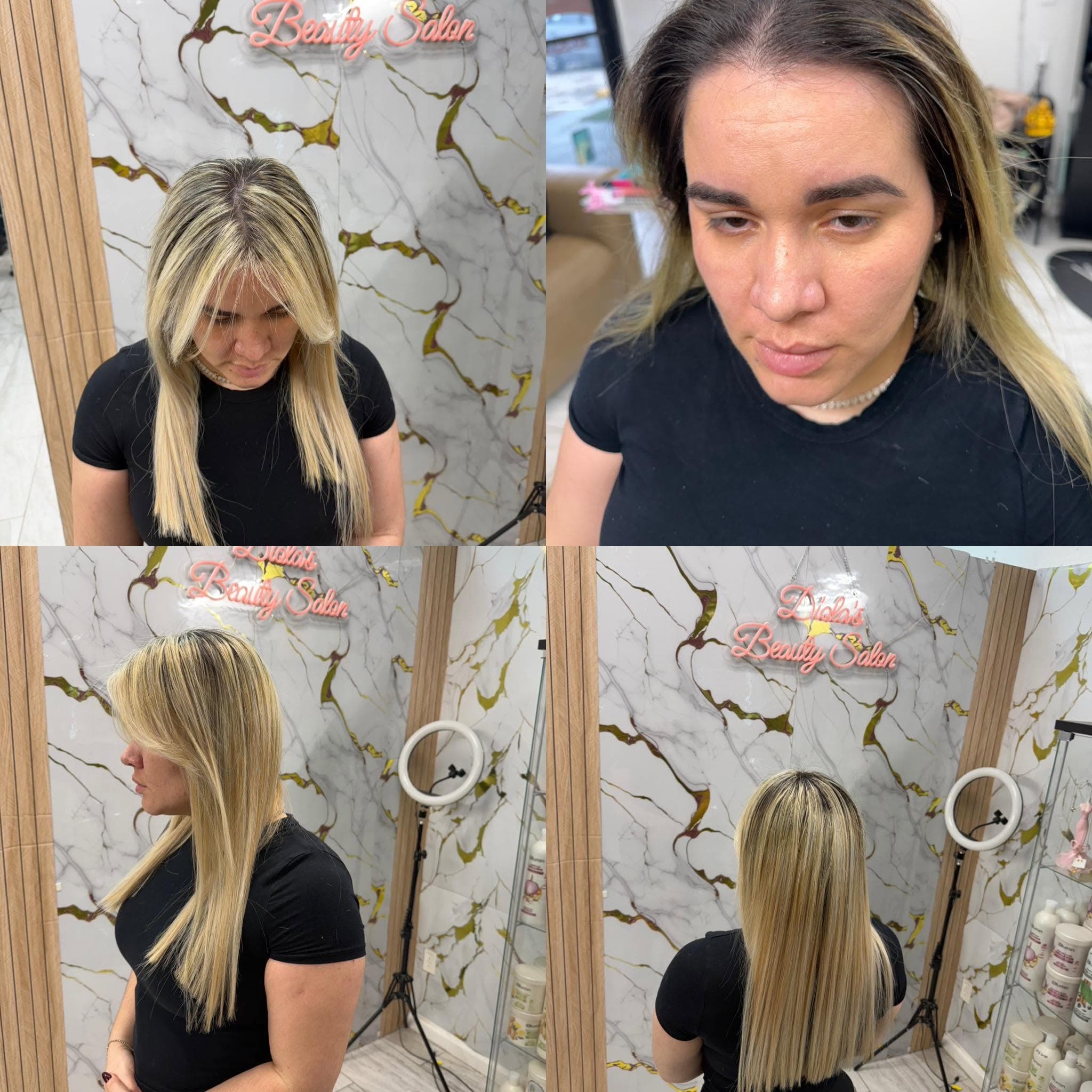 Four-photo salon collage showing a blonde balayage look and several views of the client’s hair.