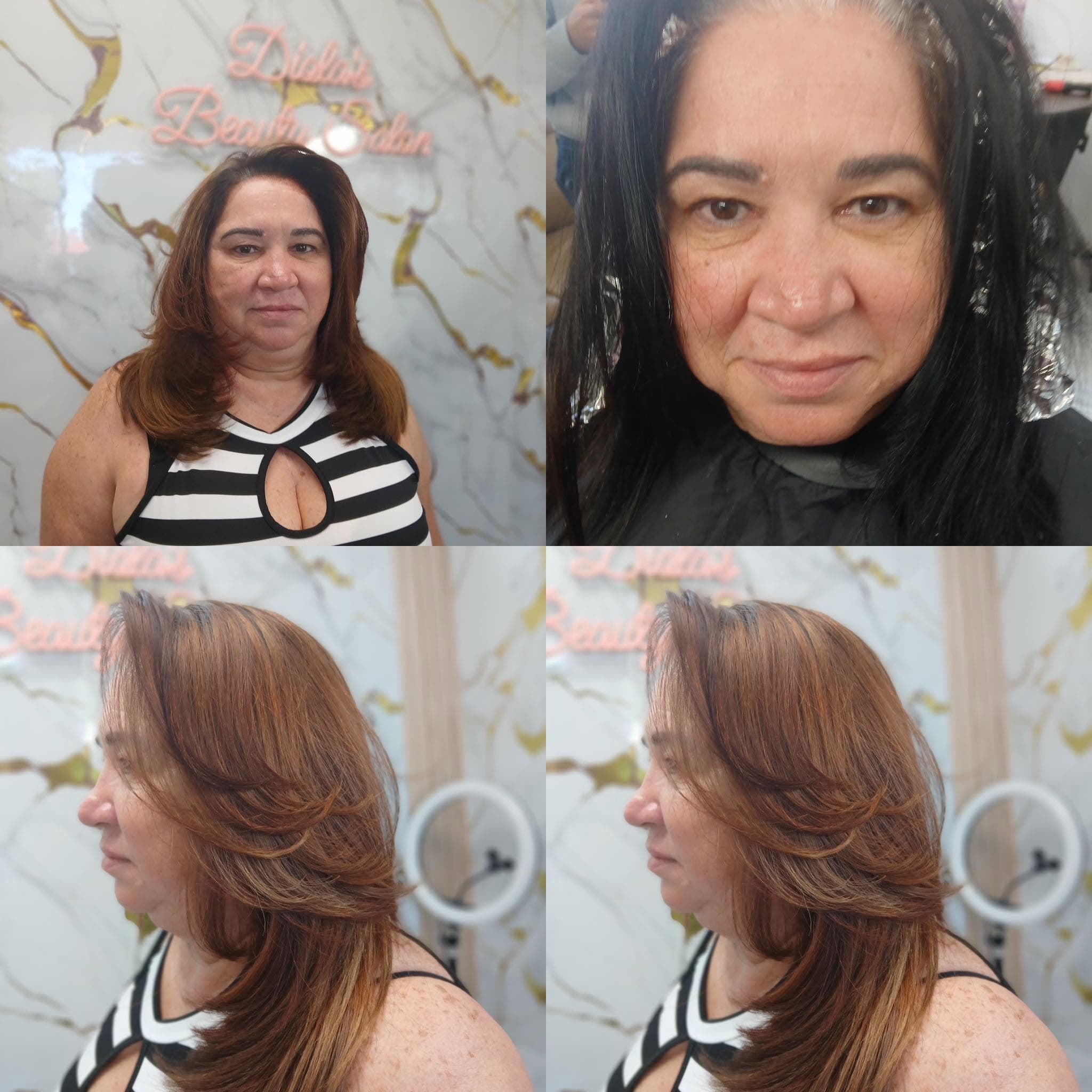 Four-photo salon collage showing black hair and a copper-brown finished style from several angles.